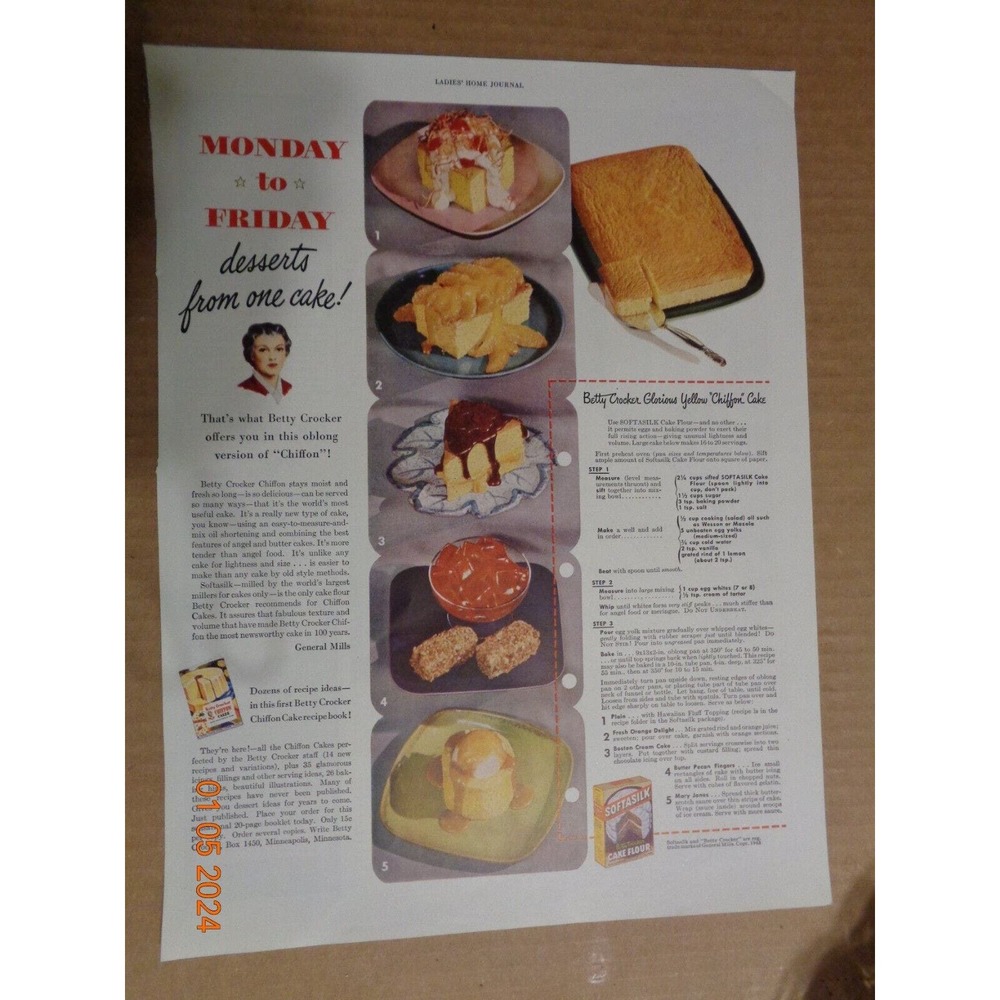 Vintage Print Ad -1948 for Betty Crocker Softasilk Cake Flour